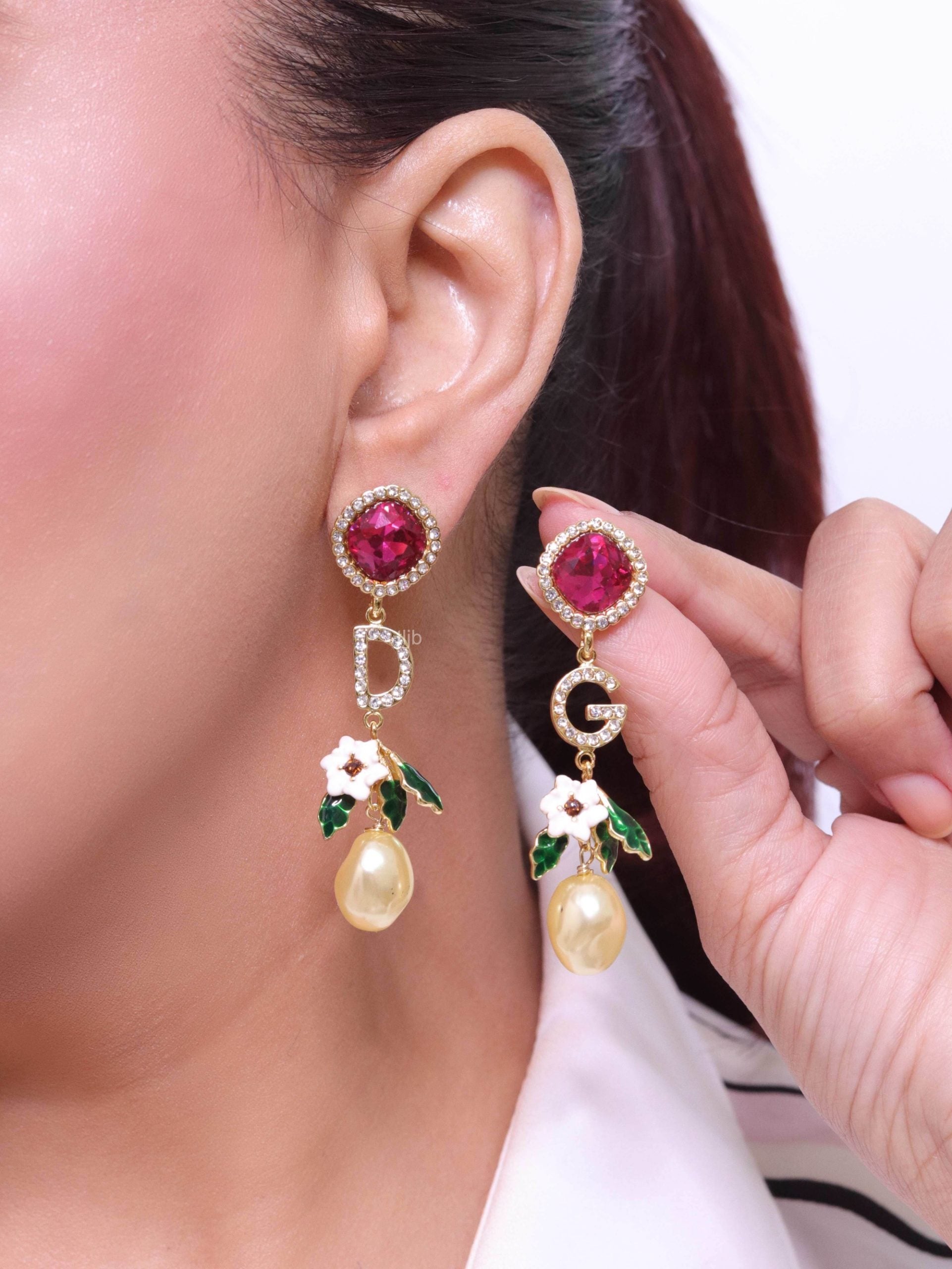 Alphabet D and G multicoloured long dangles in gold finish with cz