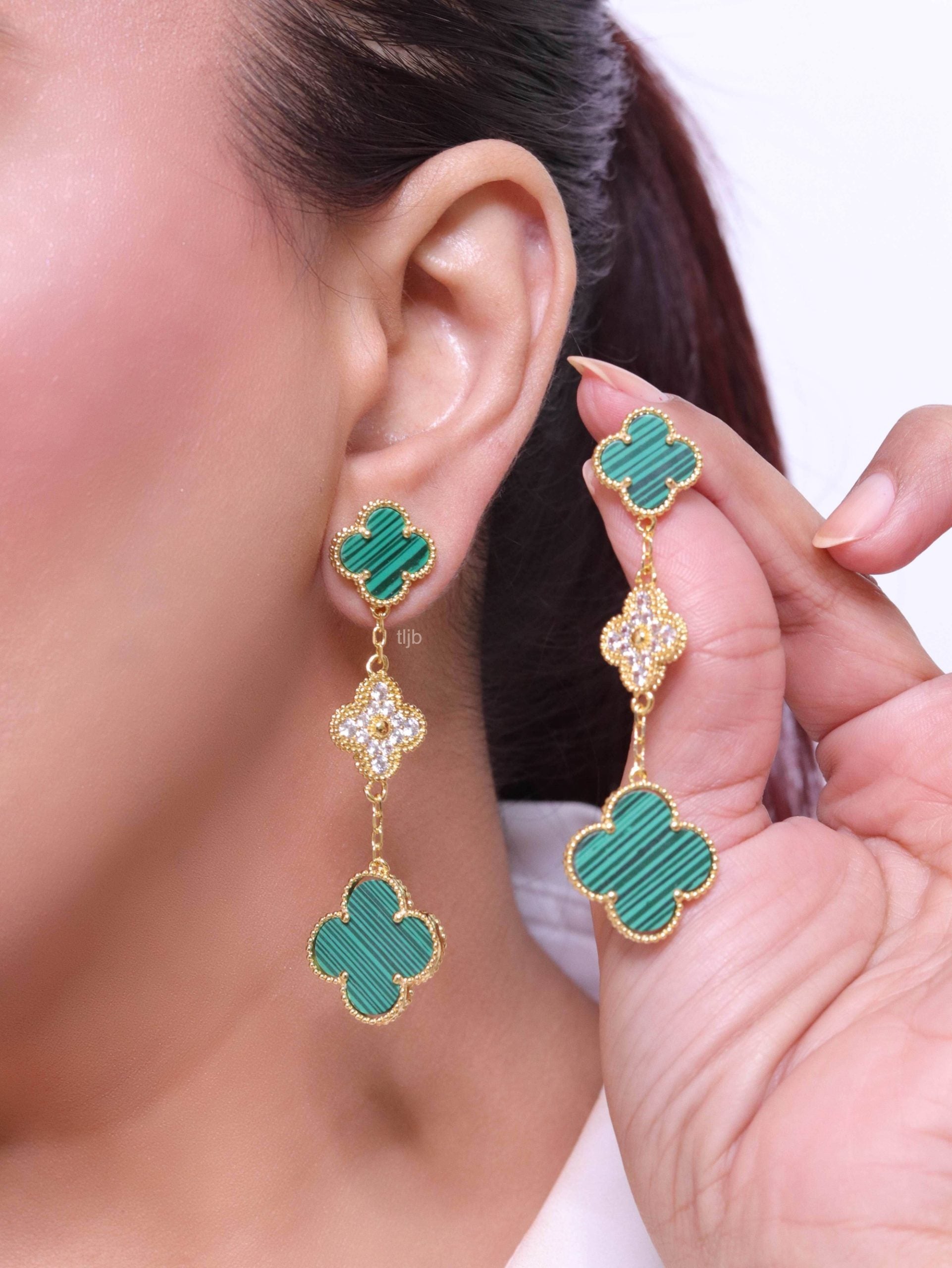 Green and gold cz long flower dangles - MOP / Clover / Malachite Design