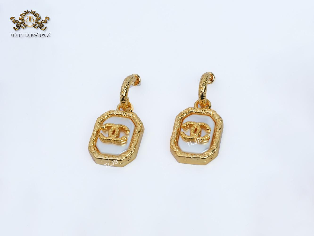 Double C gold foil and white enamel dangles