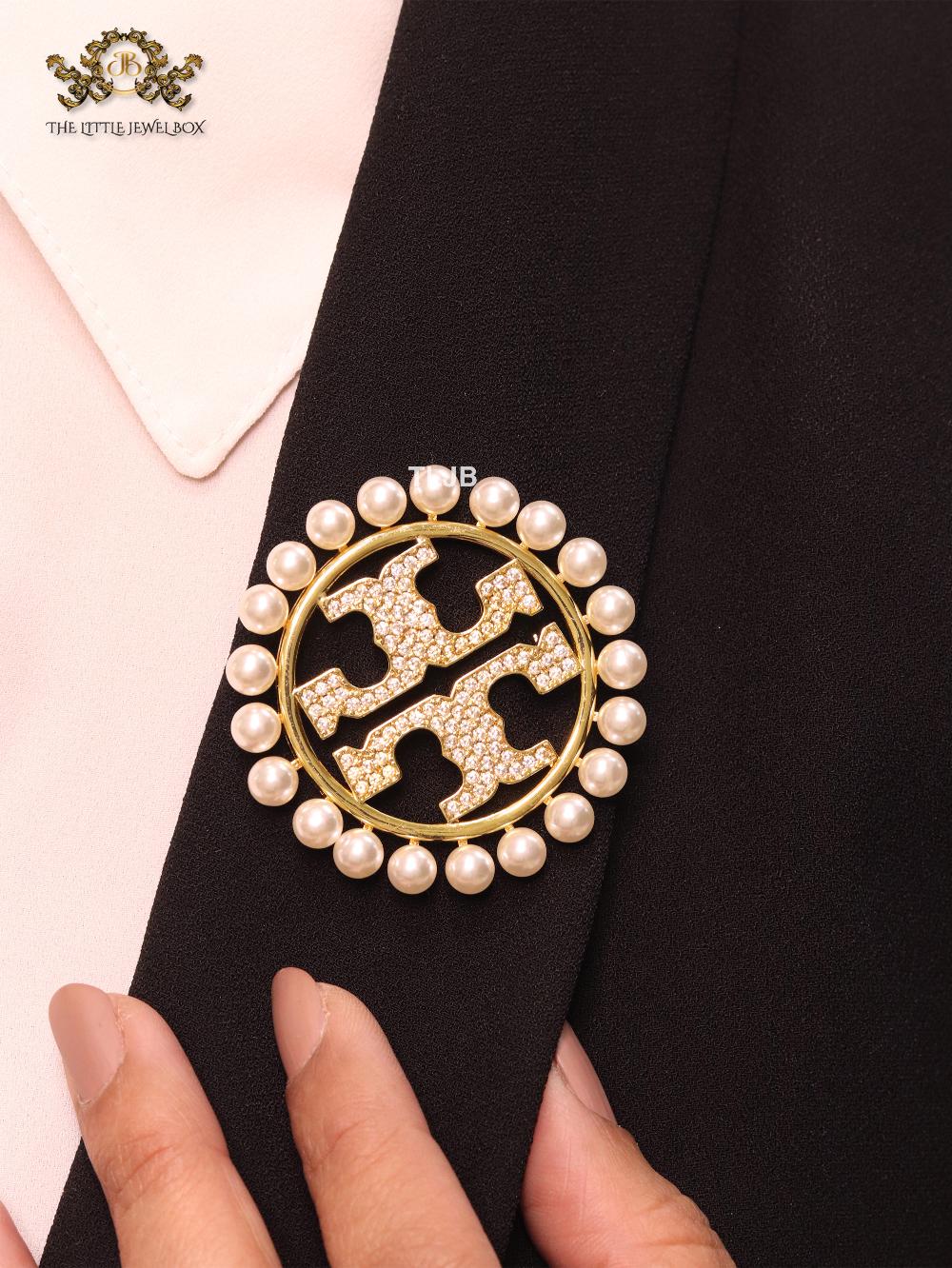 Alphabet T gold, cz and pearl brooch