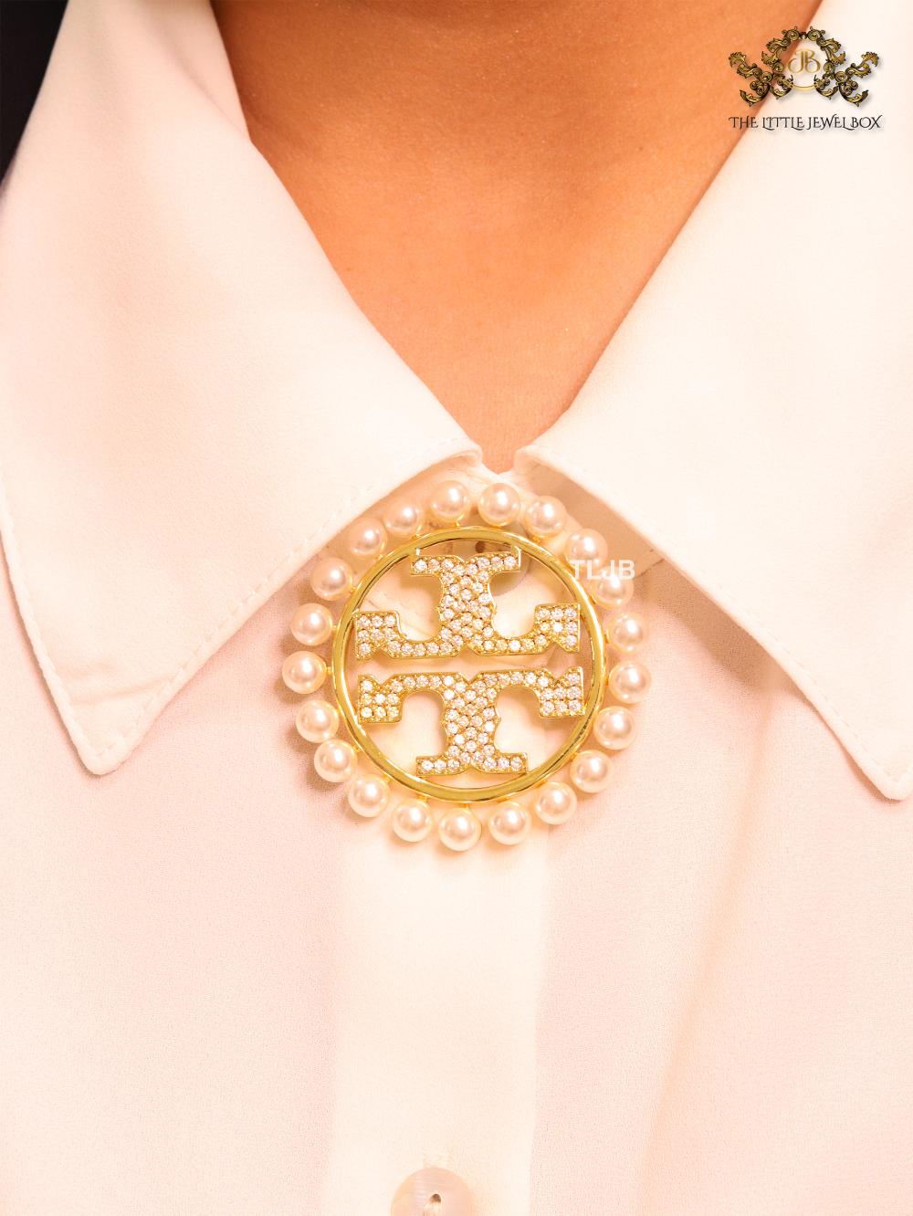 Alphabet T gold, cz and pearl brooch