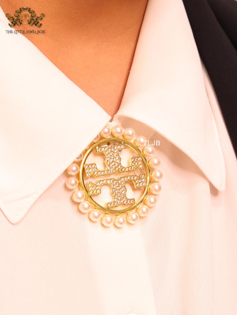 Alphabet T gold, cz and pearl brooch