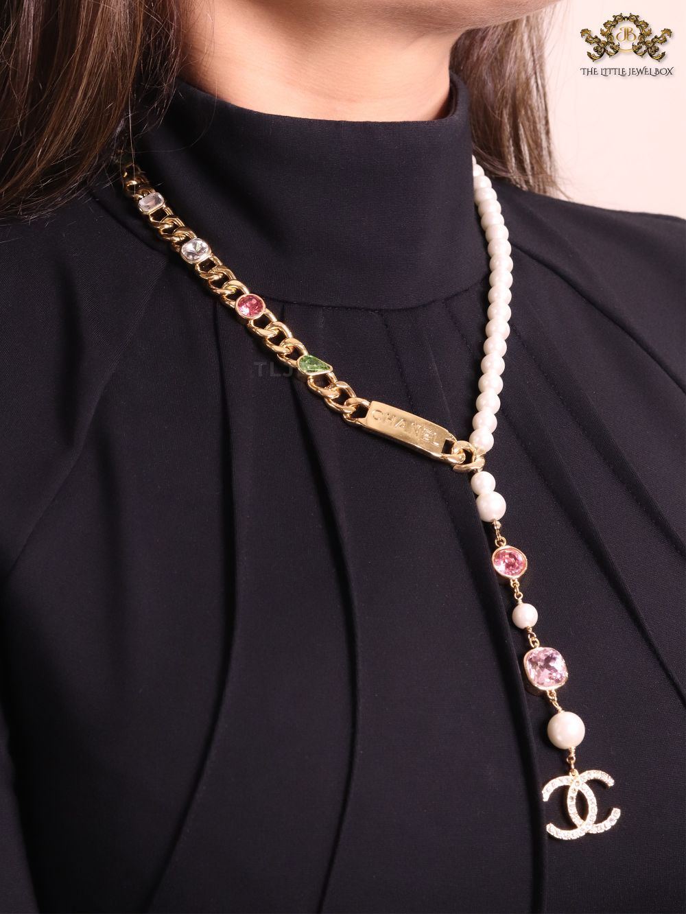 Half Gold and half Pearl Double C chain with mutlicolores stones and CZ