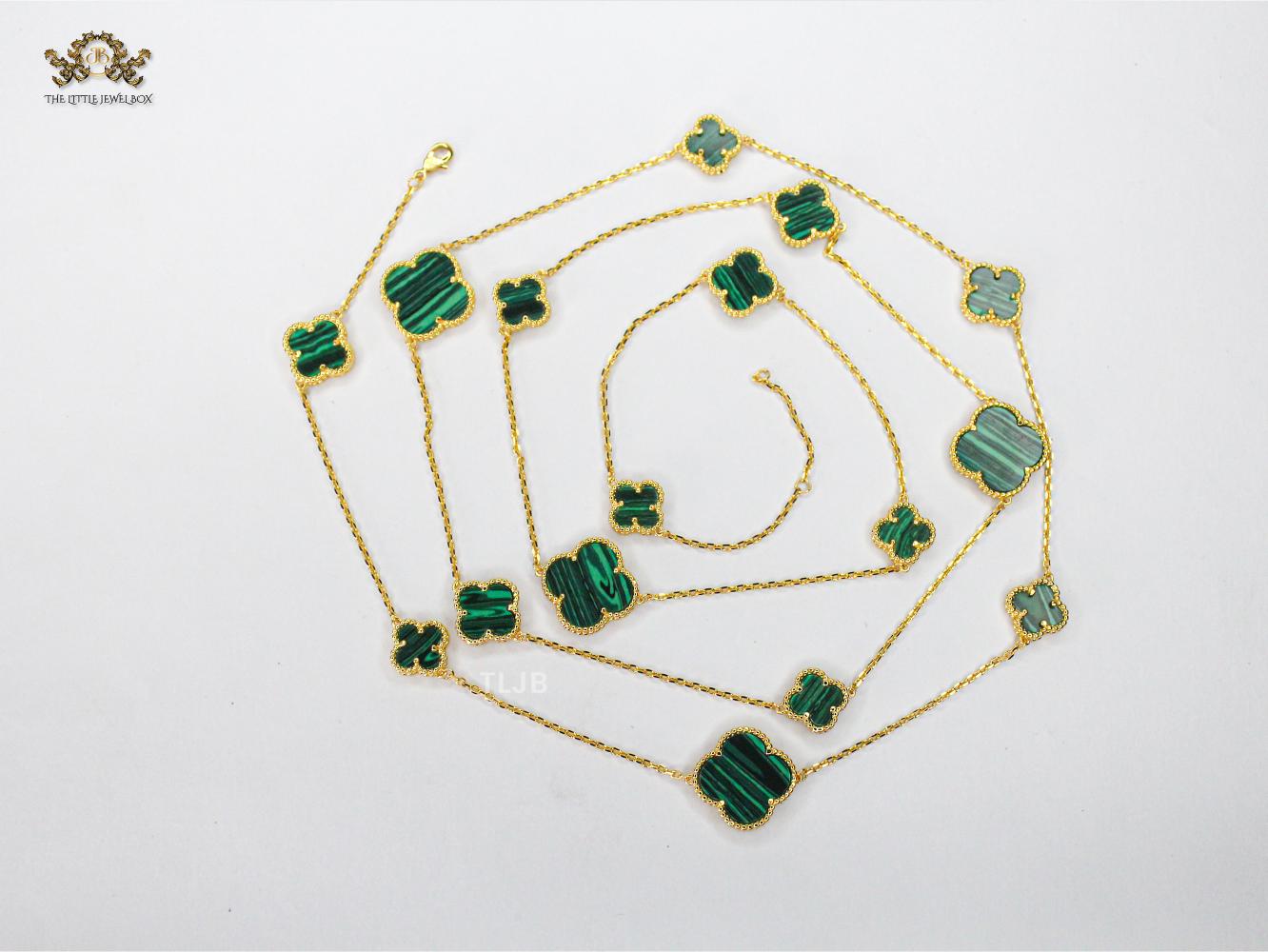 Alphabet VC green malachite clover long chain necklace 48 inches
