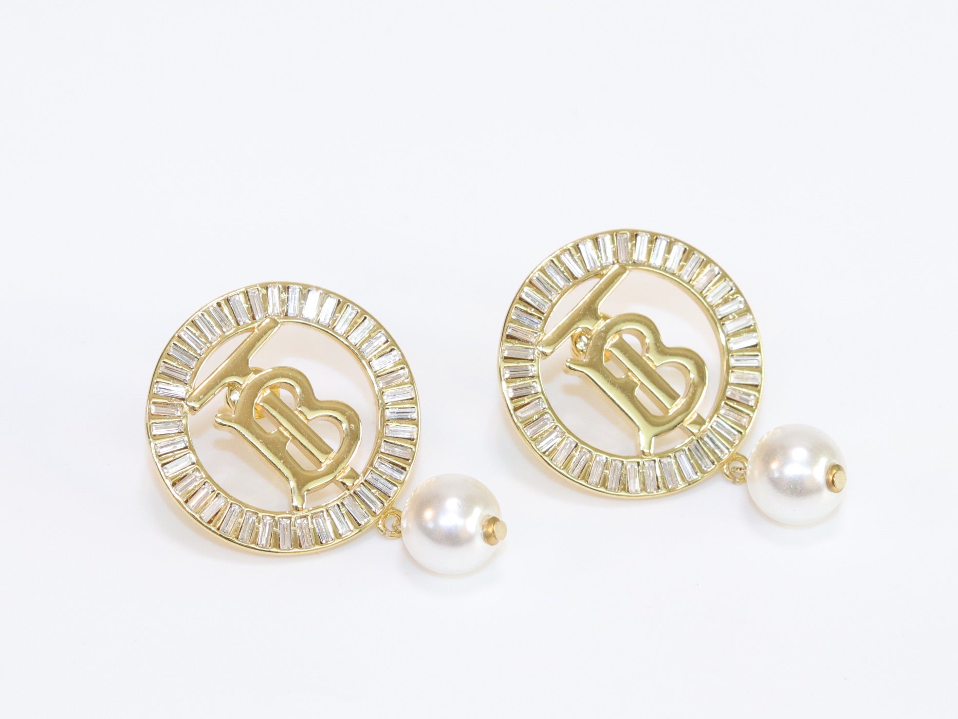 Alphabet B gold circle earrings with pearl and CZ