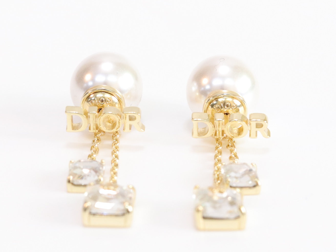 Alphabet C and D dangling pearl studs with CZ