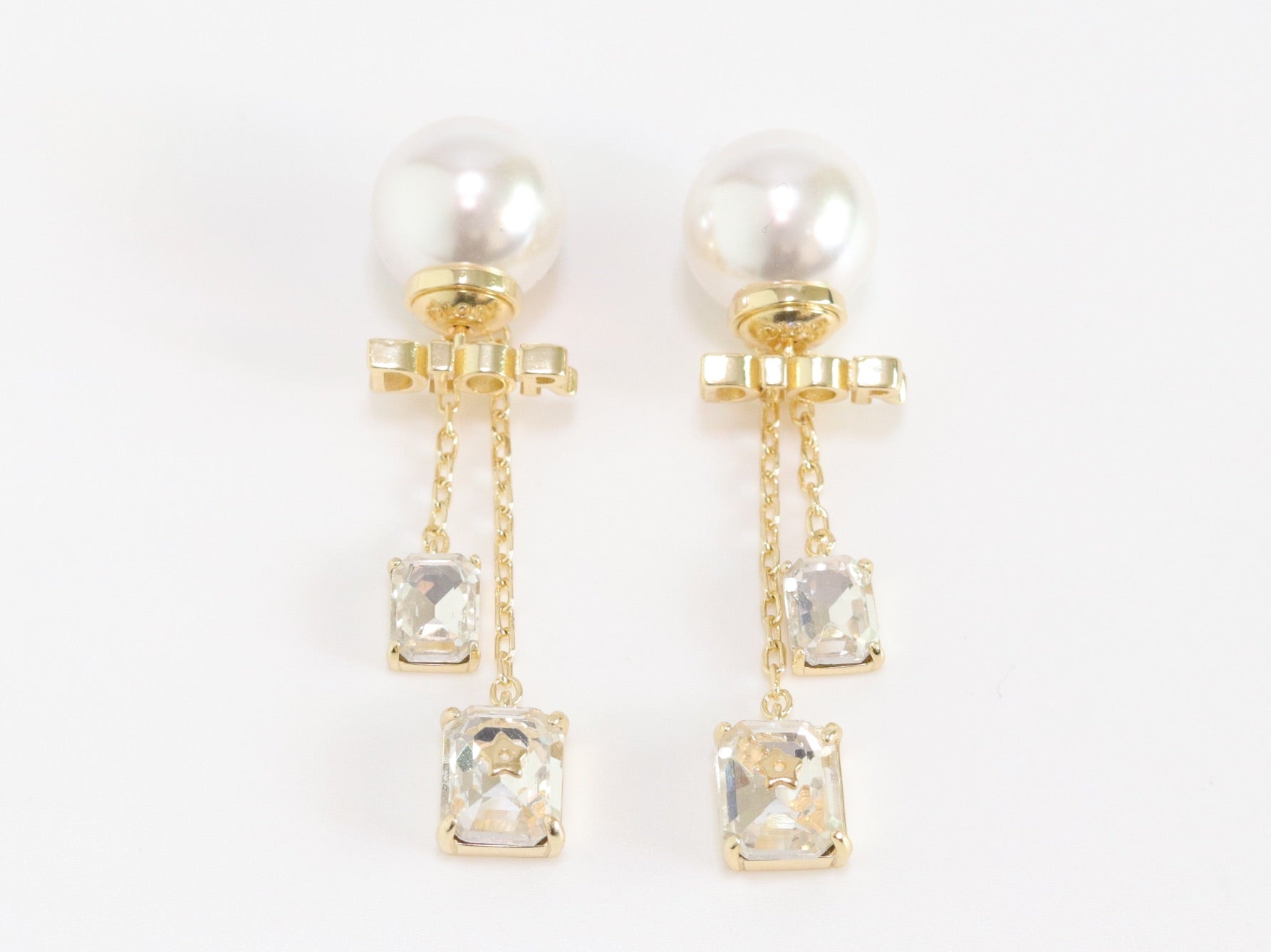 Alphabet C and D dangling pearl studs with CZ