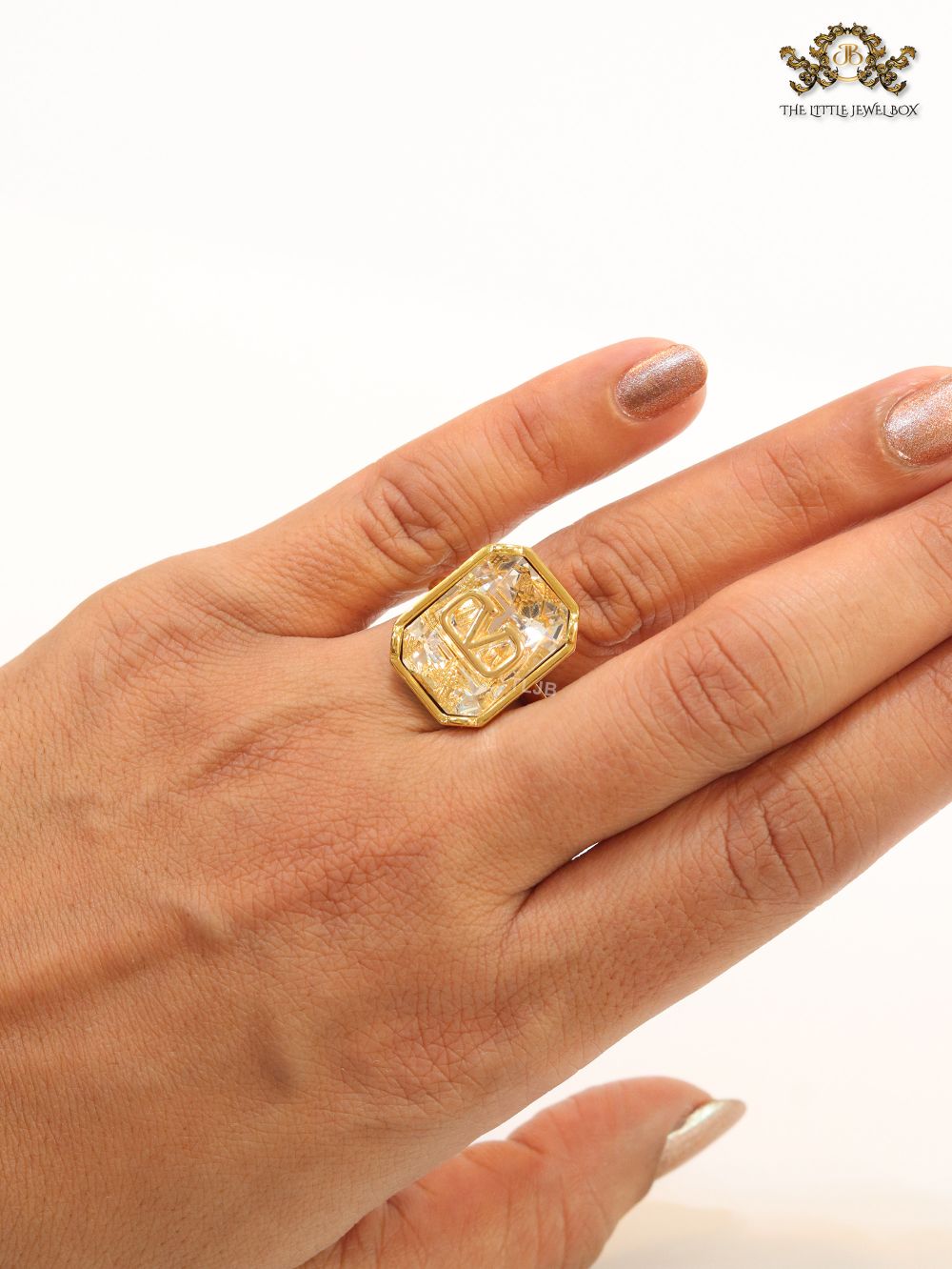 Open V gold plated stone ring