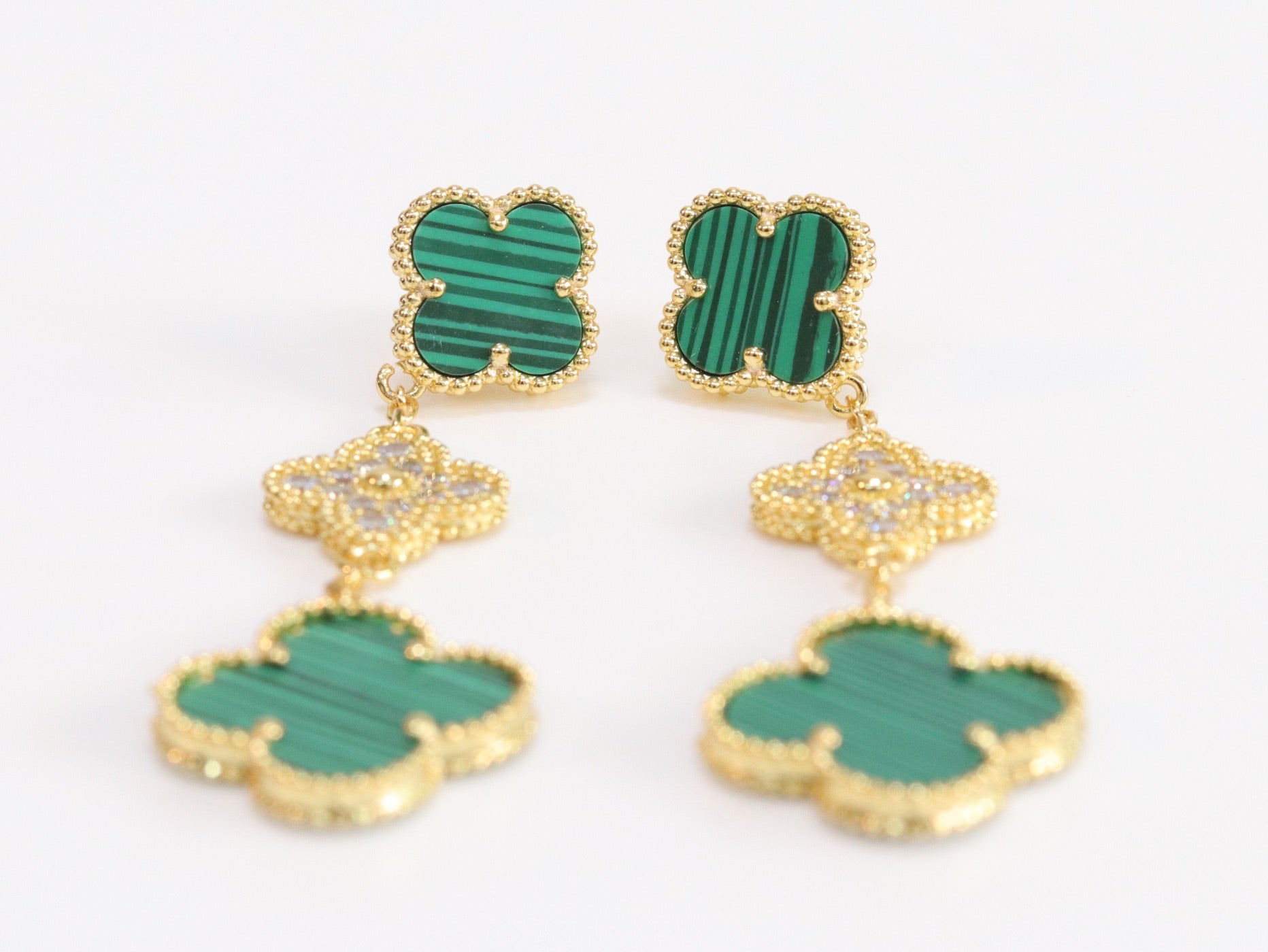 Green and gold cz long flower dangles - MOP / Clover / Malachite Design