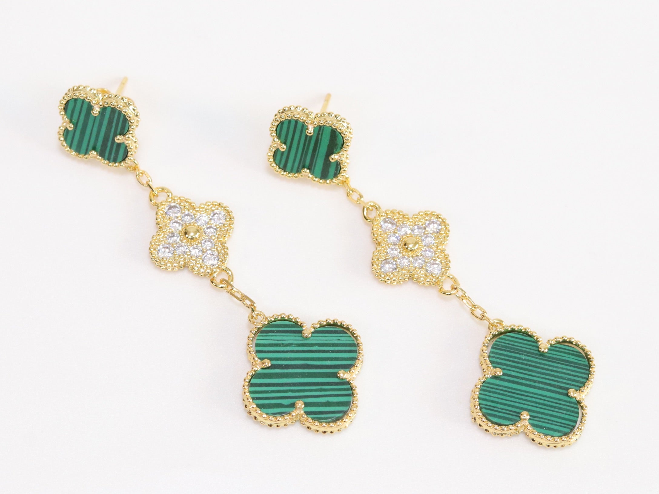 Green and gold cz long flower dangles - MOP / Clover / Malachite Design