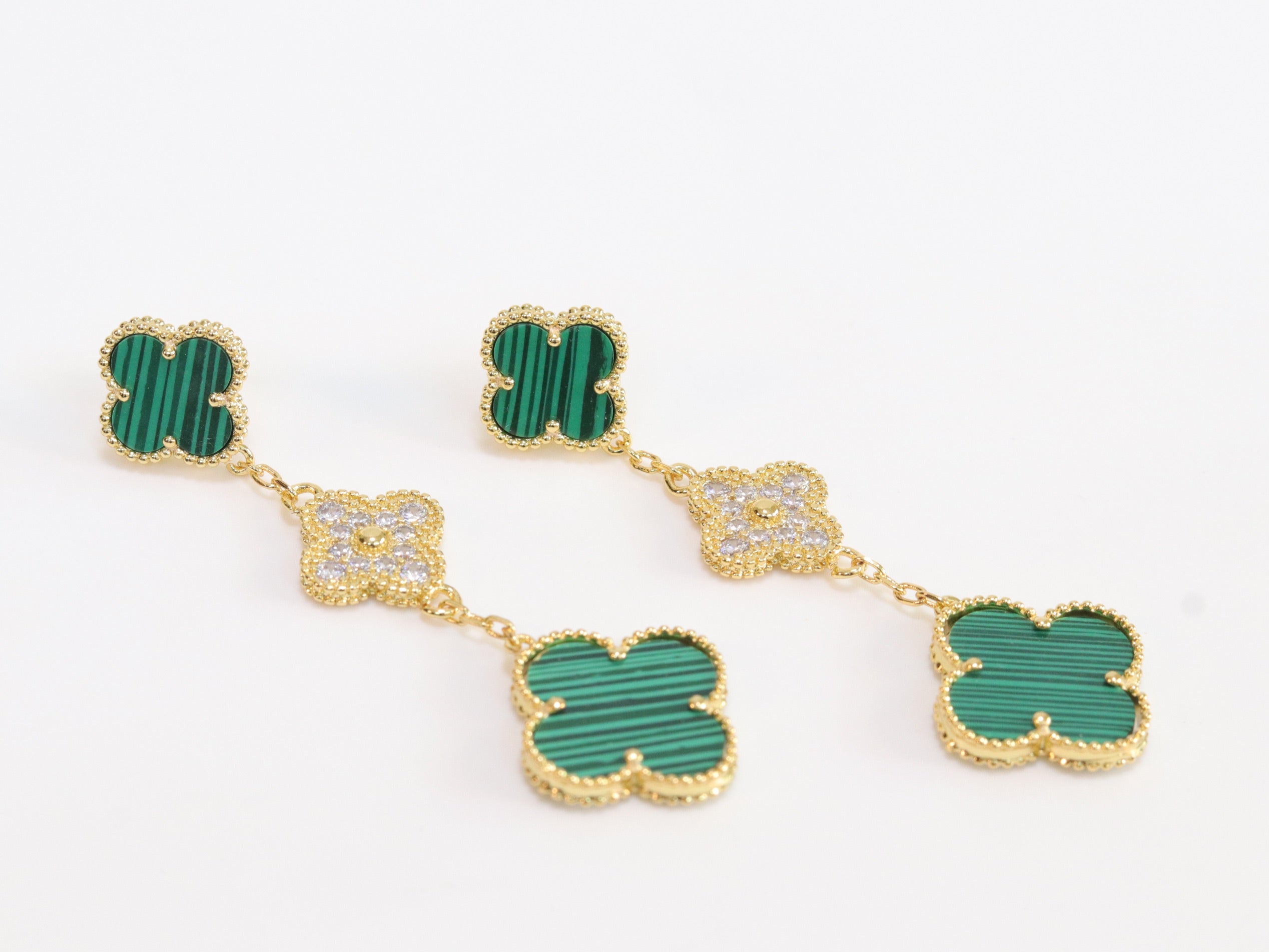 Green and gold cz long flower dangles - MOP / Clover / Malachite Design