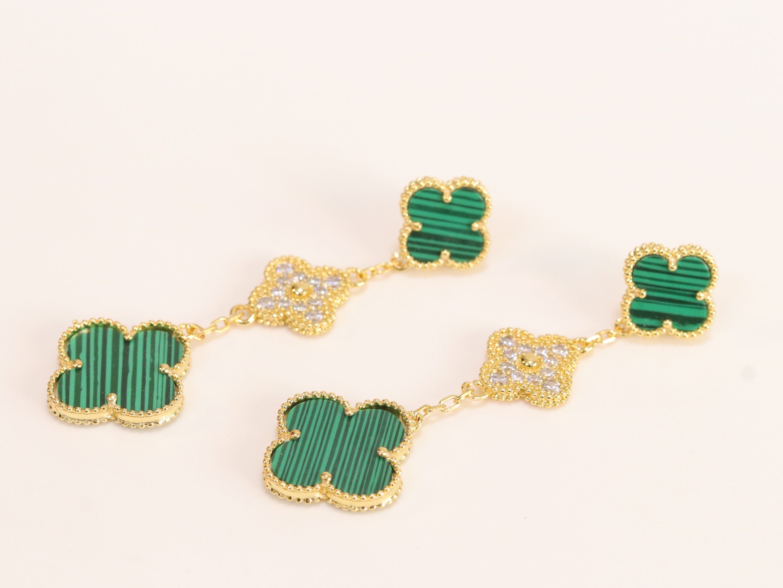 Green and gold cz long flower dangles - MOP / Clover / Malachite Design