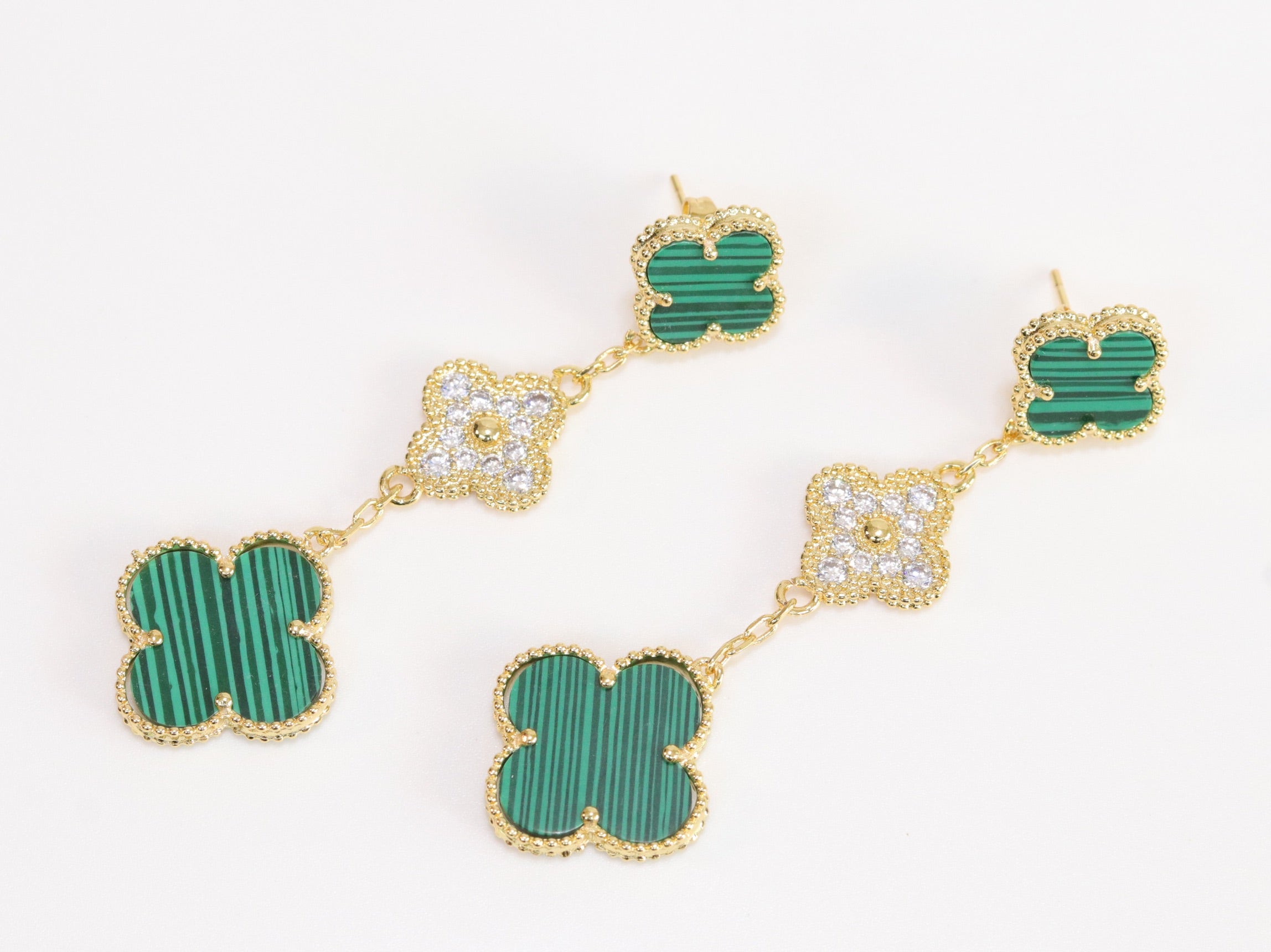 Green and gold cz long flower dangles - MOP / Clover / Malachite Design