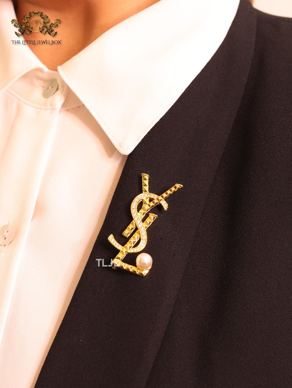 Alphabet Y gold brooch with cz and pearl