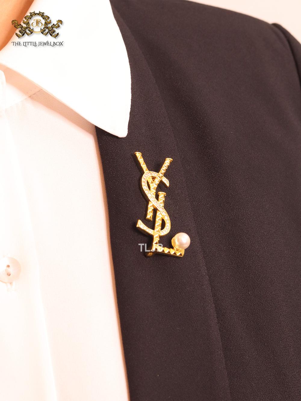 Alphabet Y gold brooch with cz and pearl