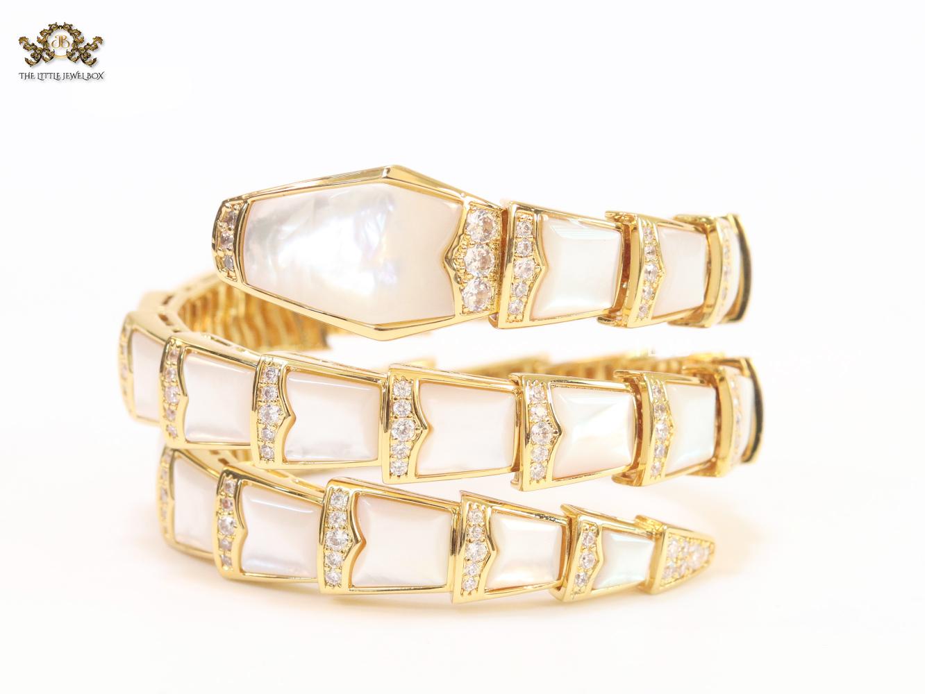 snake white and gold cz 3 layer bracelet