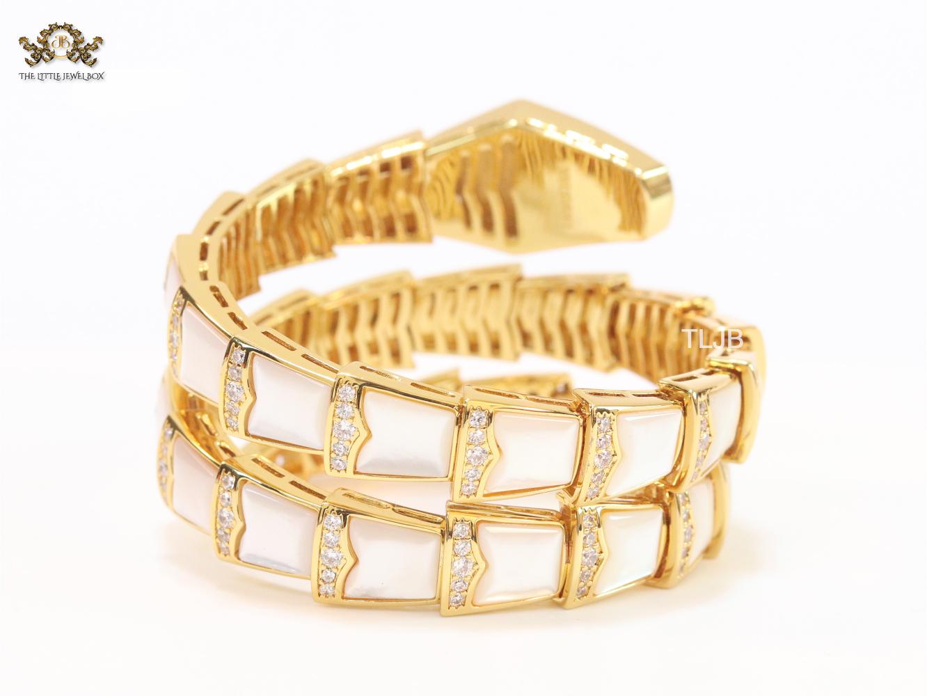 snake white and gold cz 3 layer bracelet