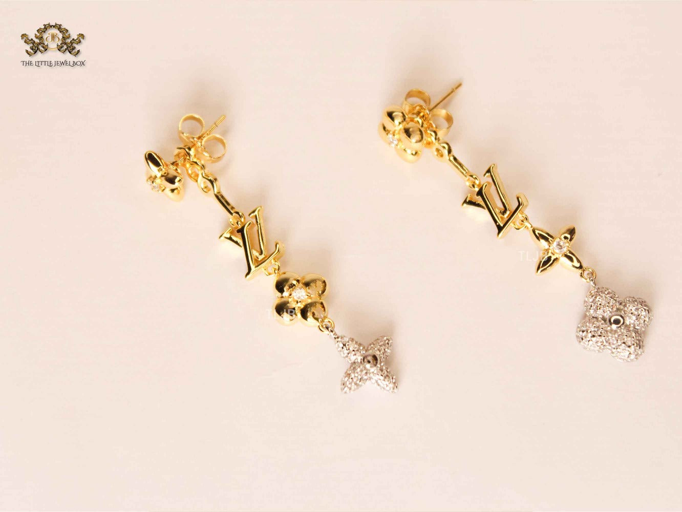 Alphabet L & V double clover layered MOP earrings