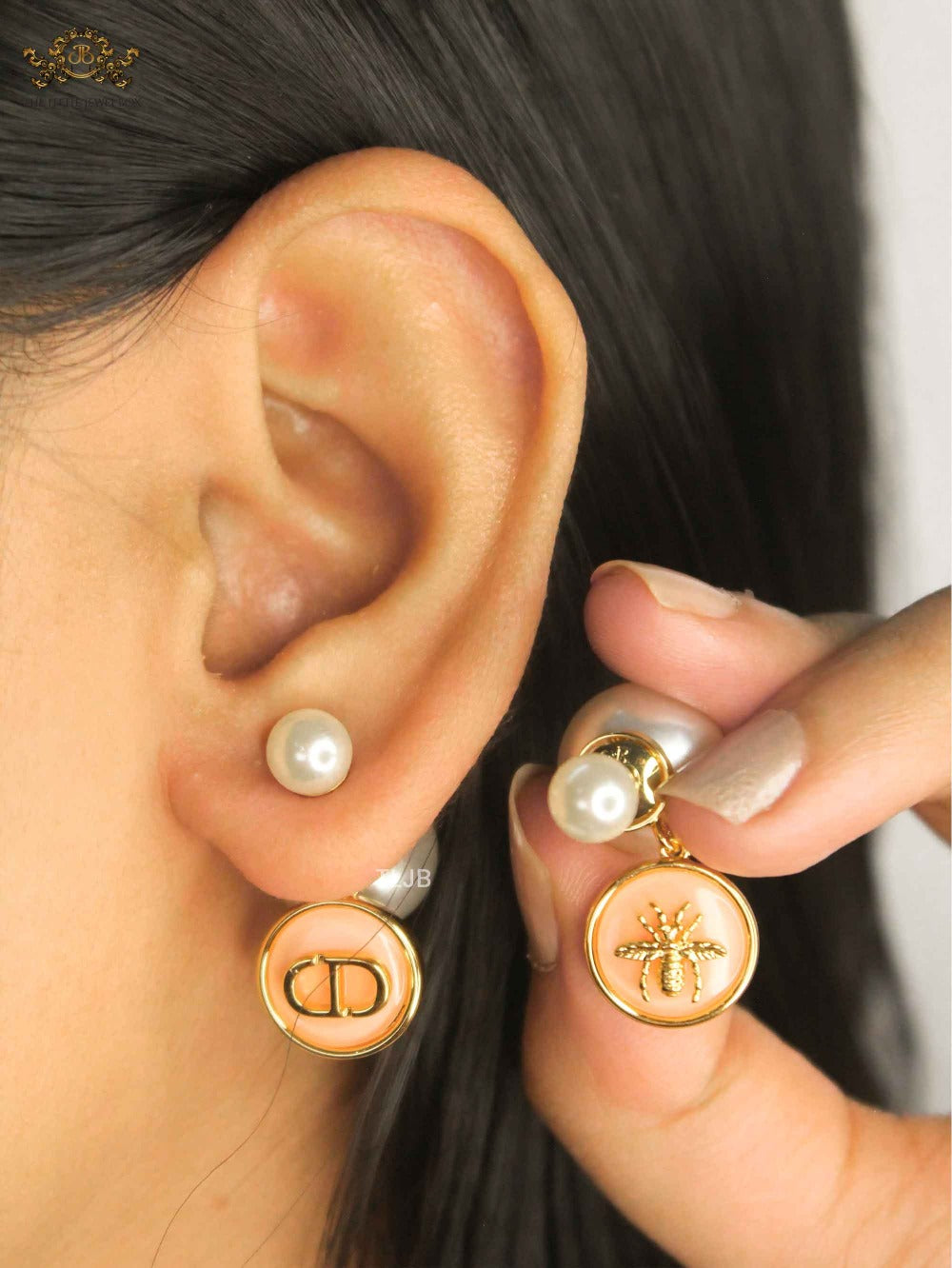 alphabet CD combo web pastel pink pearl bomber earrings