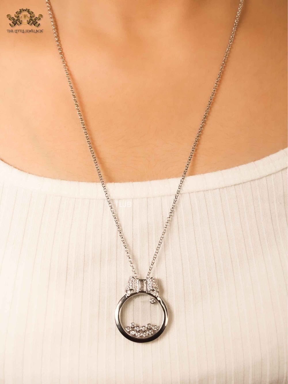Platinum bow ringed happy diamond necklace CHPRD