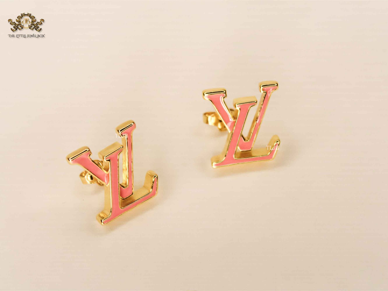 Alphabet LV Pink Enamel Stud Earrings