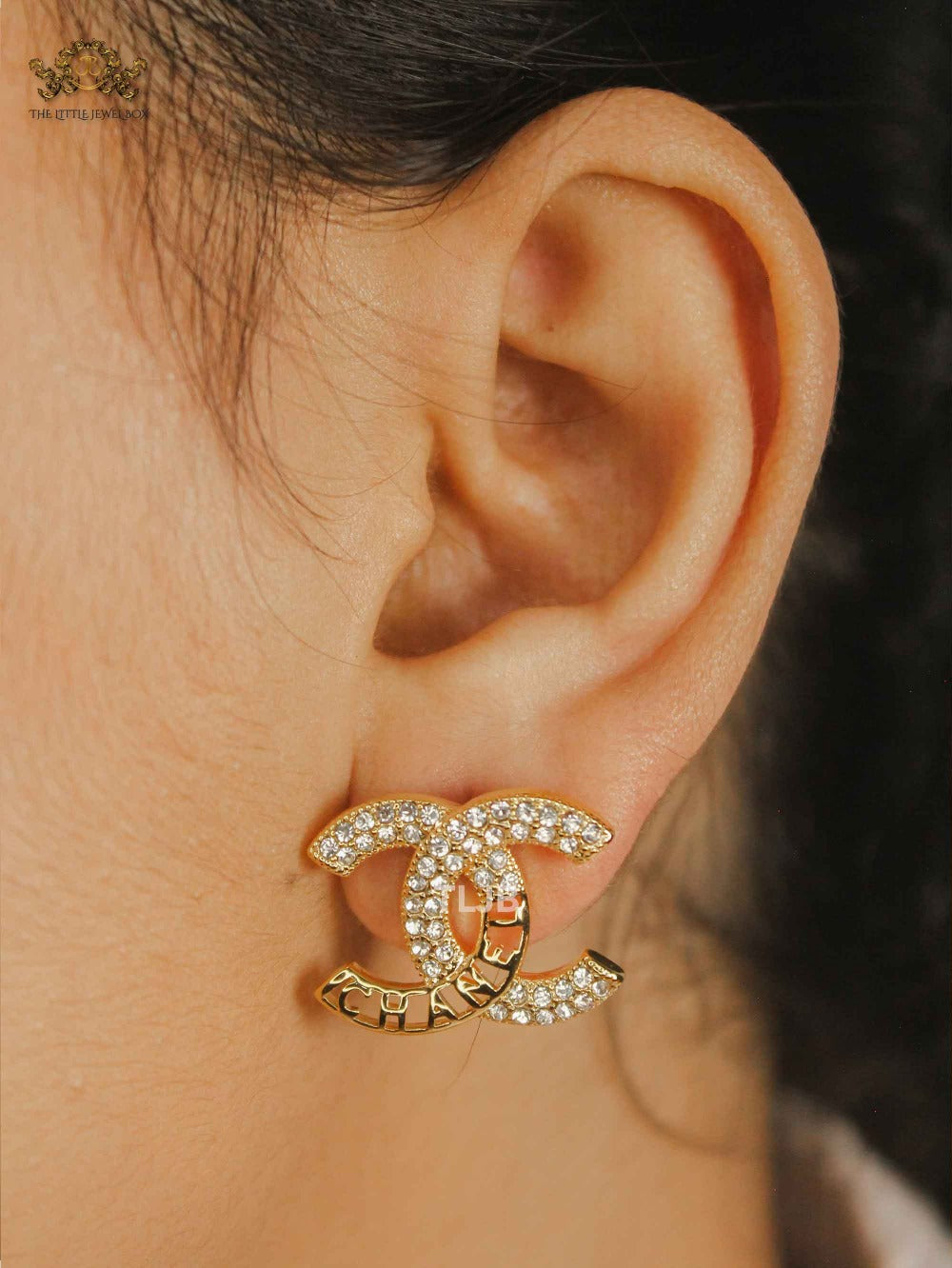 Double C Gold Crystal Stud Earrings
