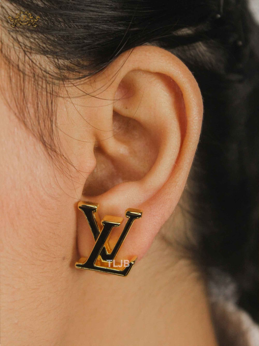 Alphabet L&V Gold Black Stud Earrings