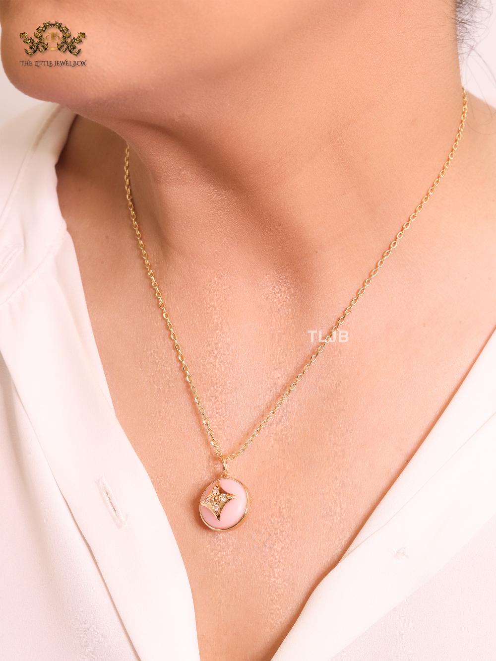 Pink clover with enamel chain