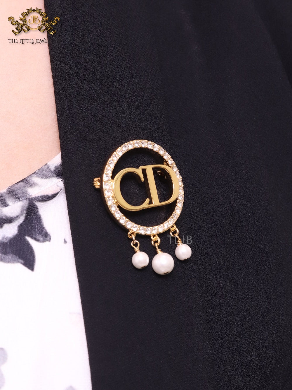 Gold Alphabet C and D brooch with cz and pearl dangles