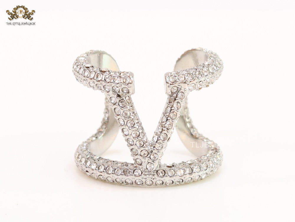 Large cz Silver plated open alphabet V ring