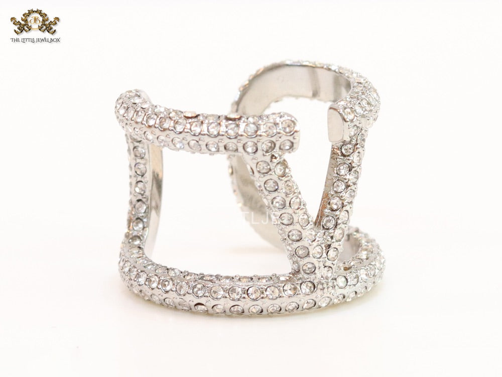 Large cz Silver plated open alphabet V ring