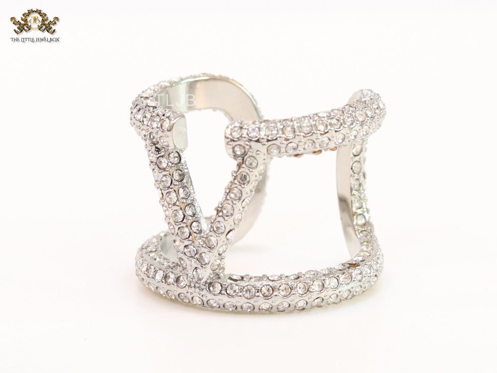 Large cz Silver plated open alphabet V ring