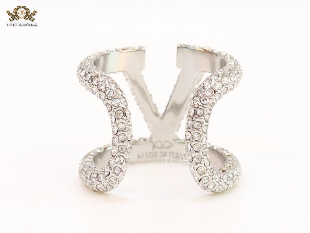 Large cz Silver plated open alphabet V ring