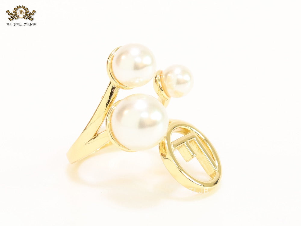 Alphabet F pearl open gold plated ring