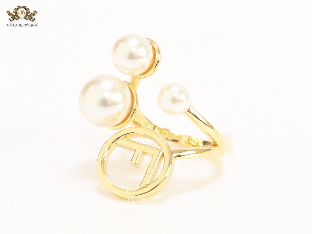 Alphabet F pearl open gold plated ring