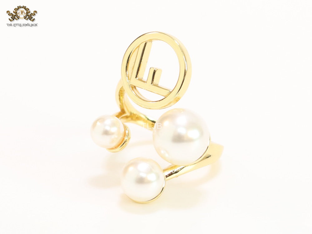 Alphabet F pearl open gold plated ring