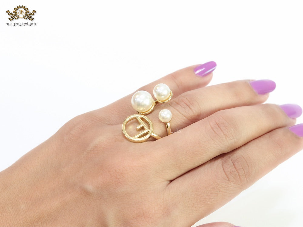 Alphabet F pearl open gold plated ring
