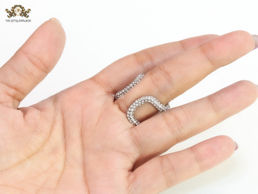 Large cz Silver plated open alphabet V ring