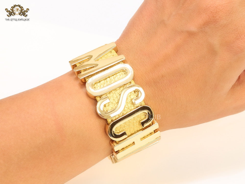 Alphabet M Gold Leather Bracelet