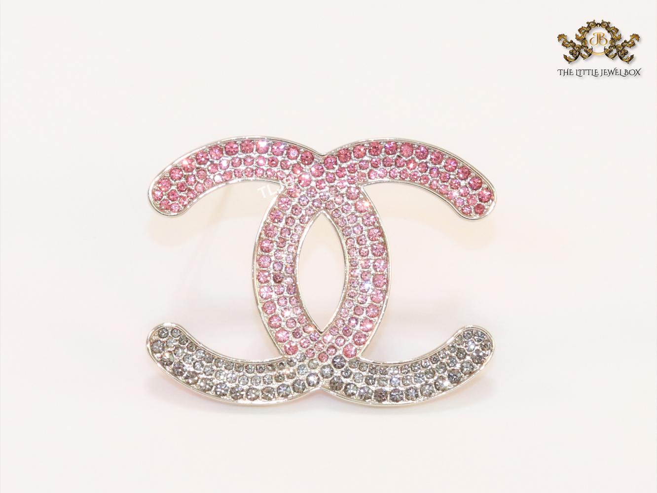 Double C green and pink stone brooch