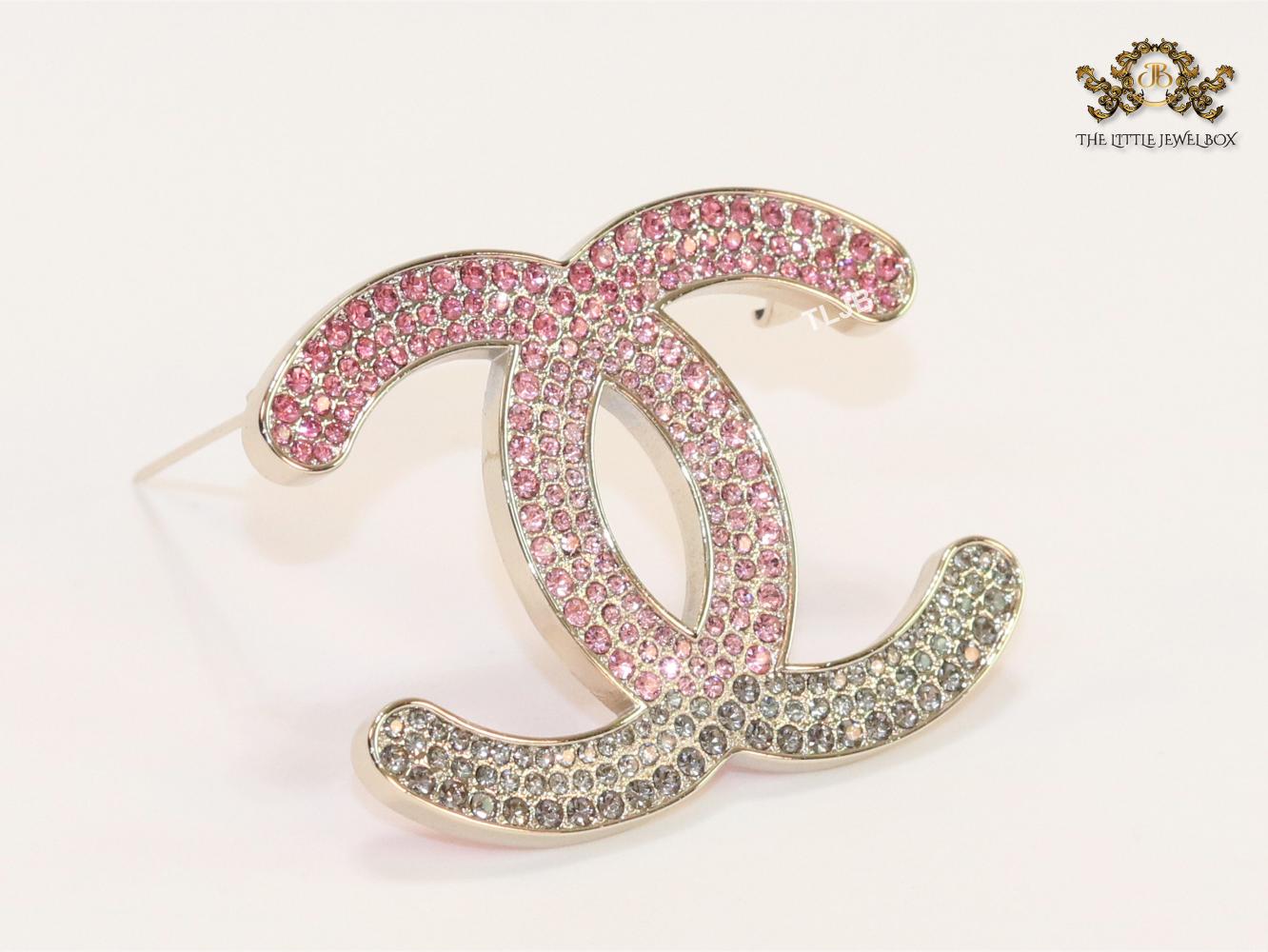 Double C green and pink stone brooch