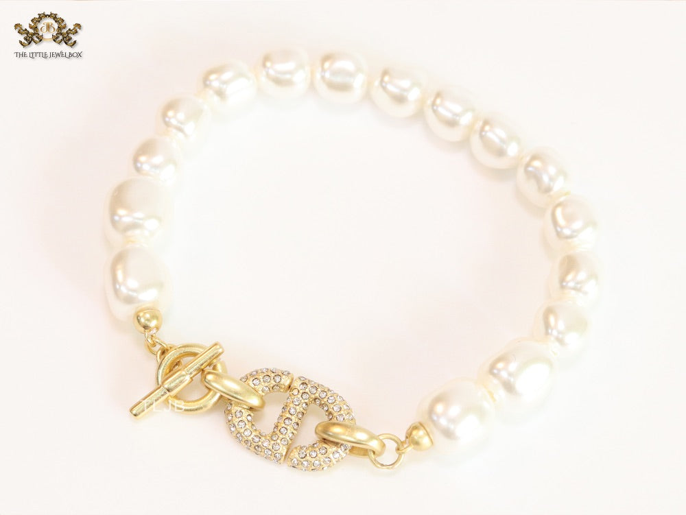 Alphabet C&D openable gold CZ pearl link bracelet