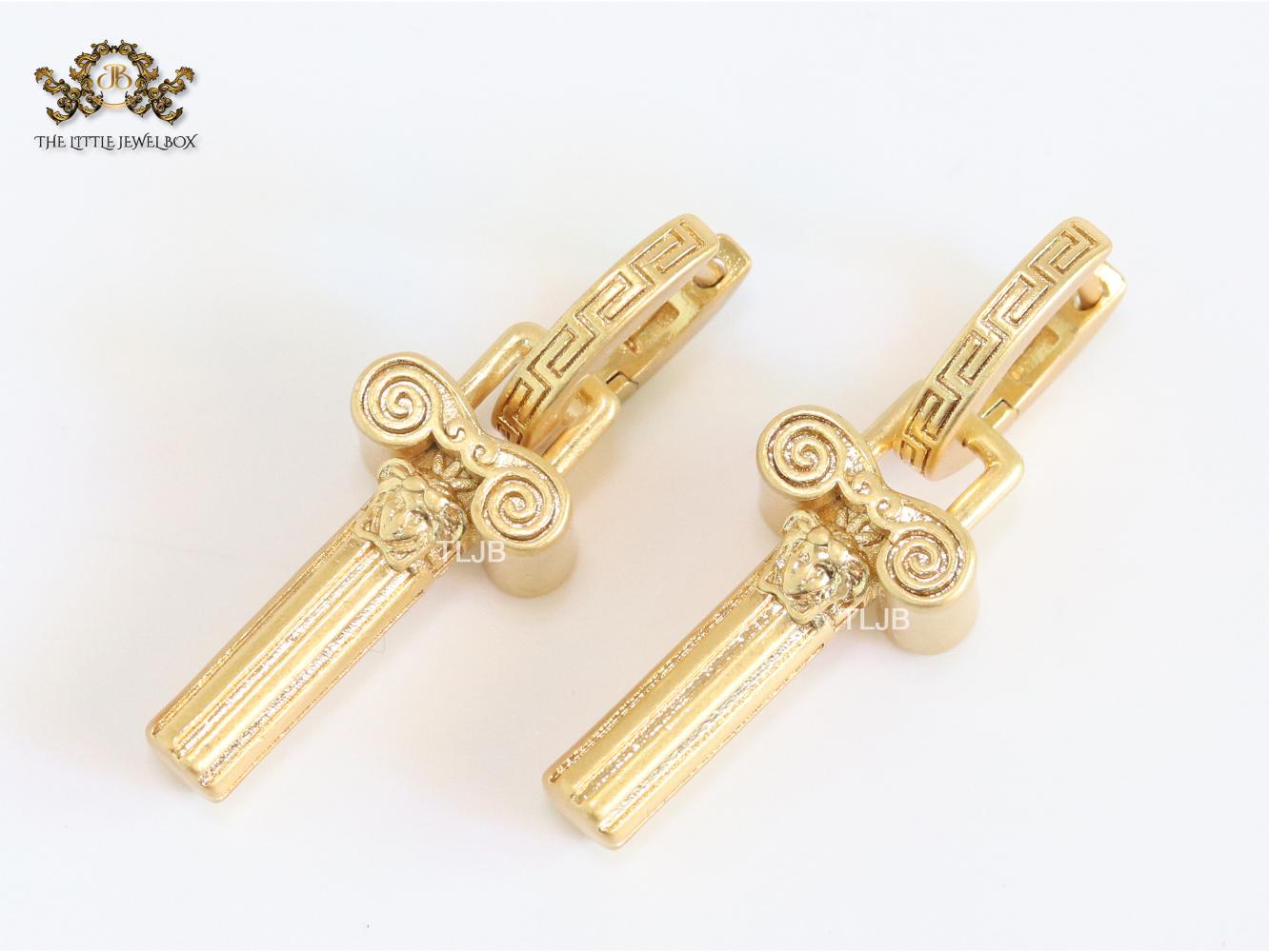 Medusa embossed gold key hoops