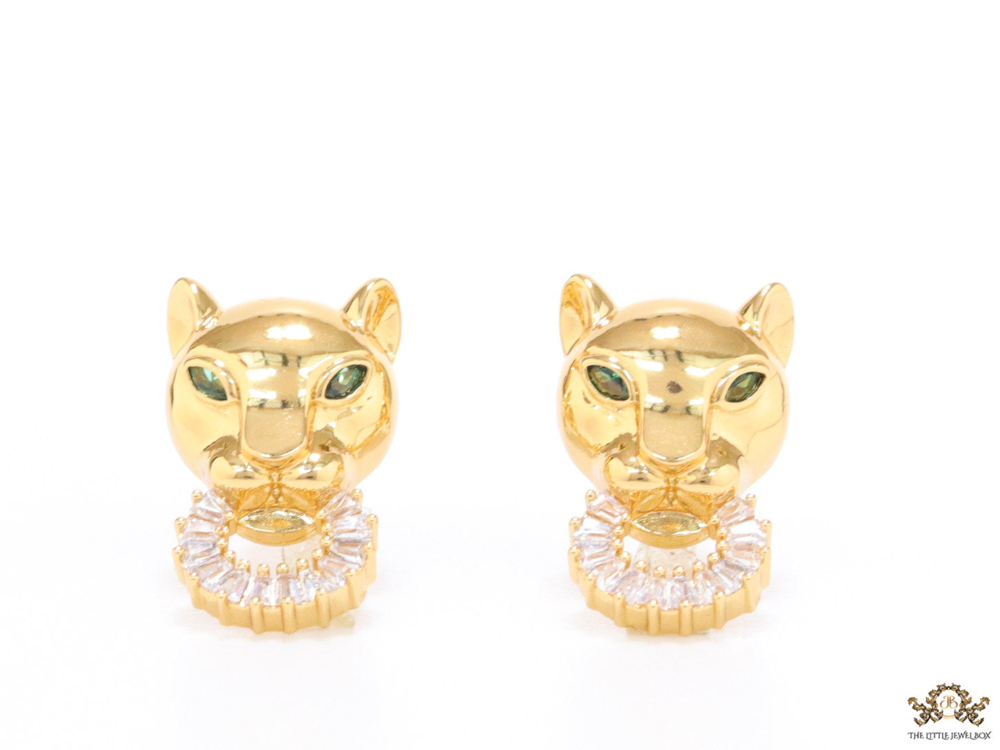 Golden panther face studs with cz baguette ring
