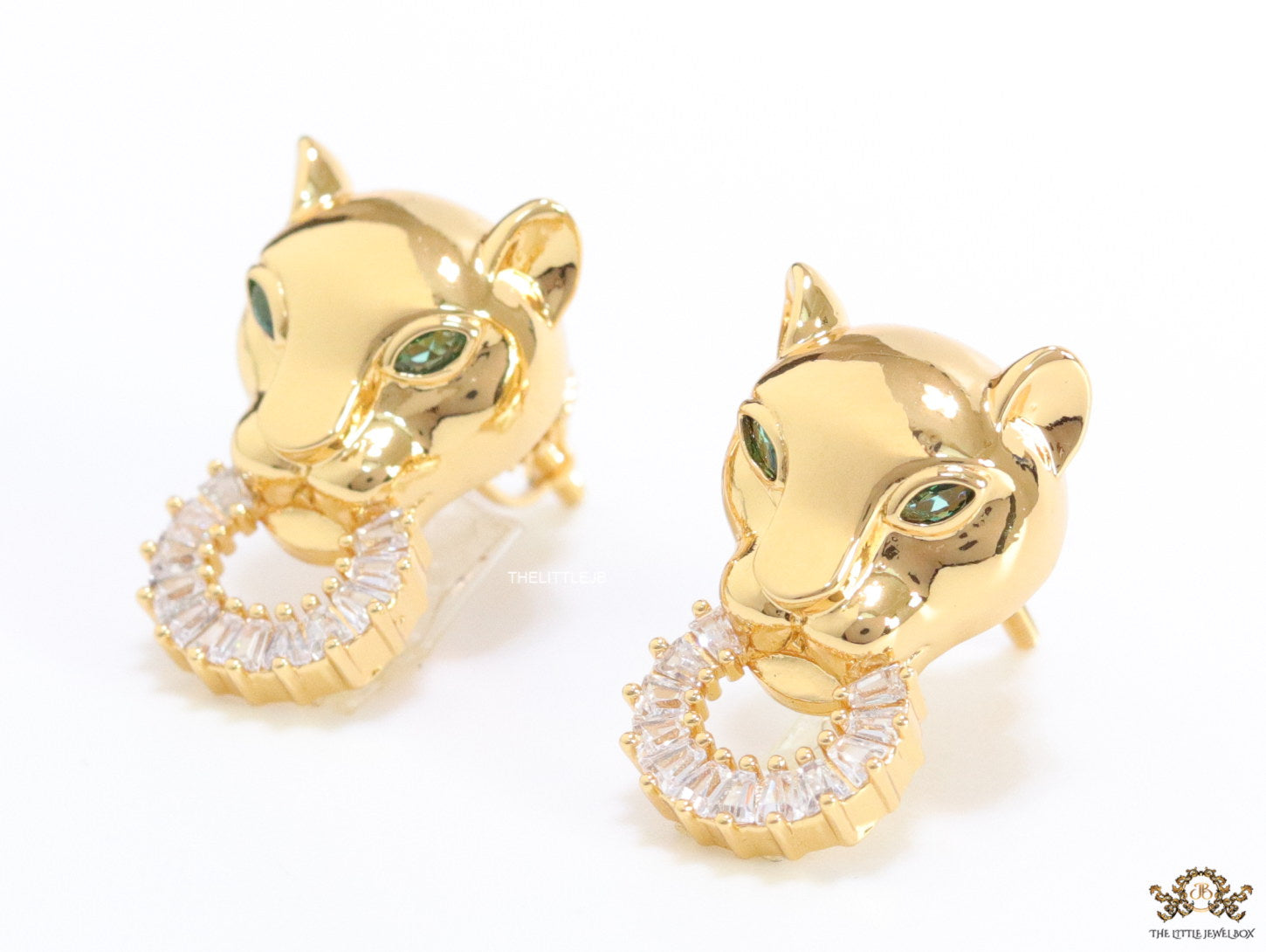 Golden panther face studs with cz baguette ring