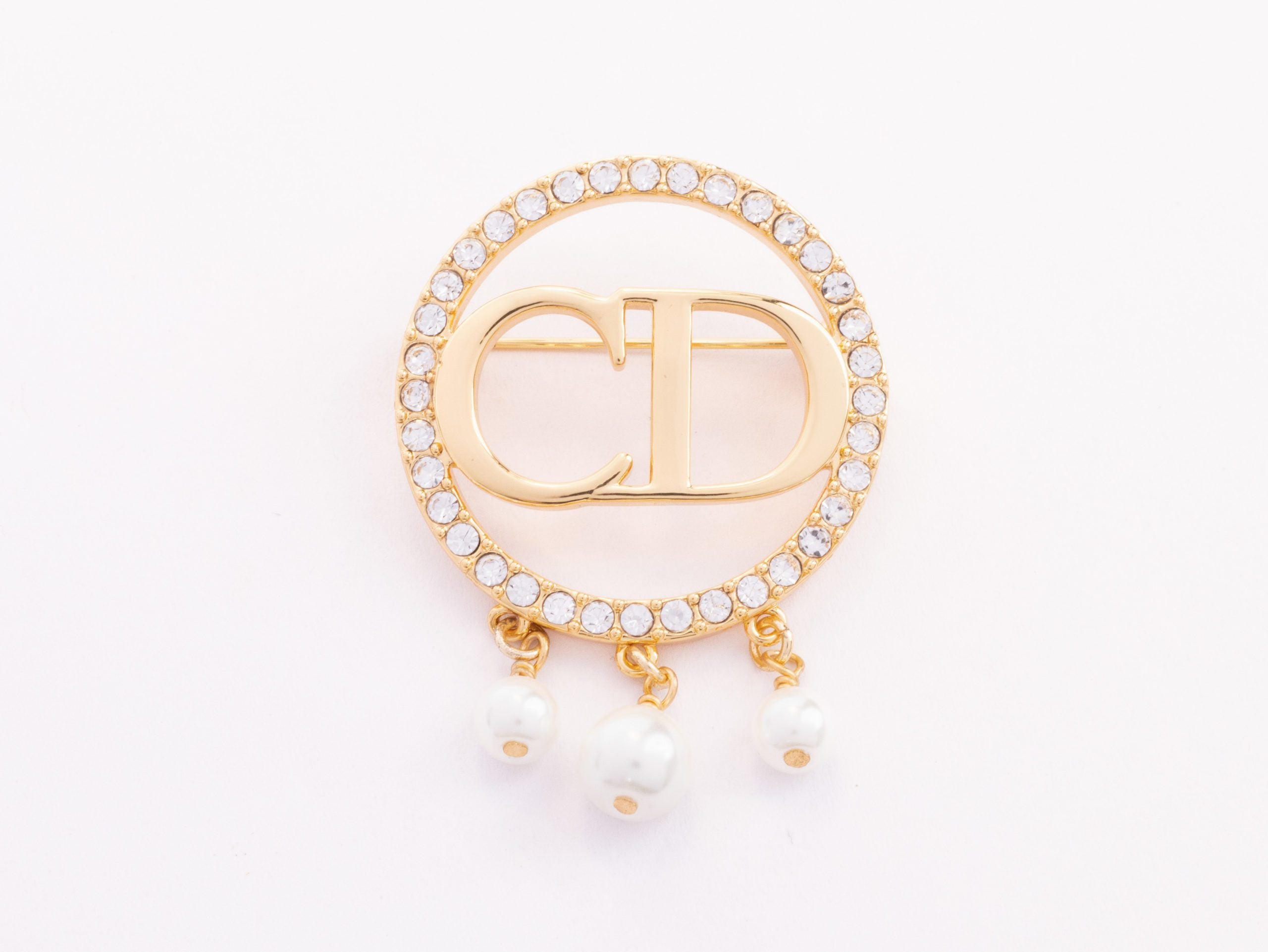 Gold Alphabet C and D brooch with cz and pearl dangles