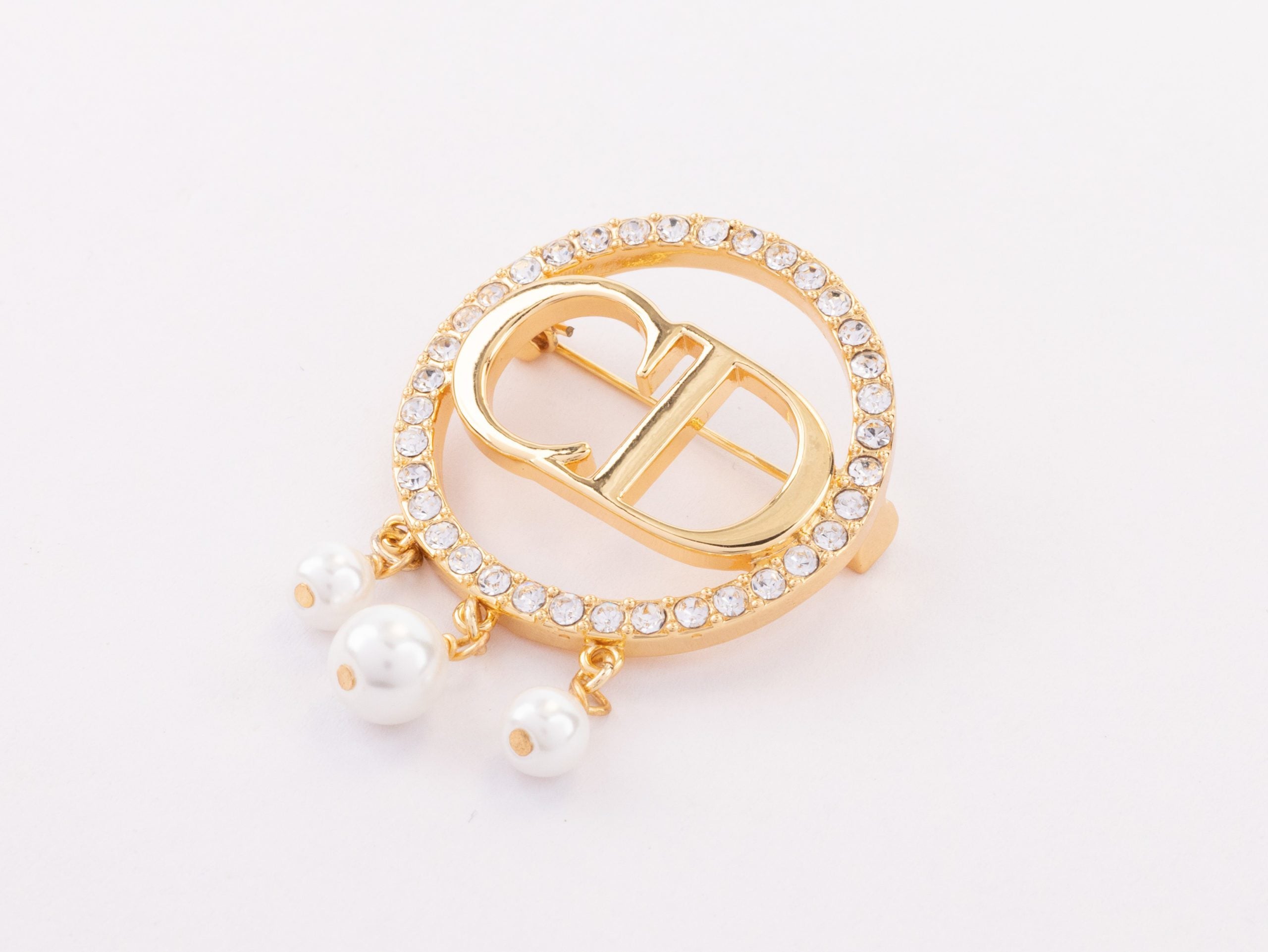 Gold Alphabet C and D brooch with cz and pearl dangles