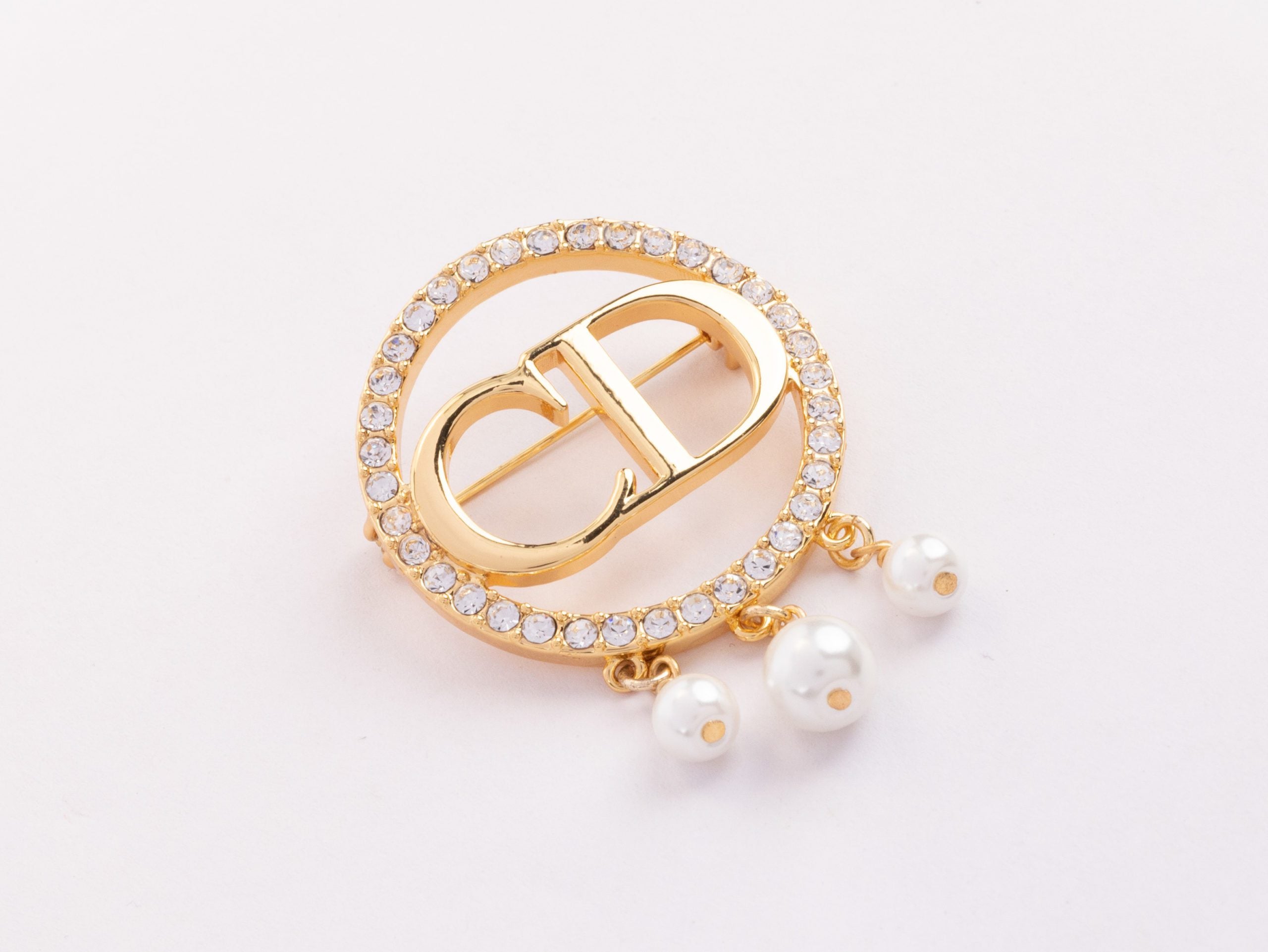 Gold Alphabet C and D brooch with cz and pearl dangles