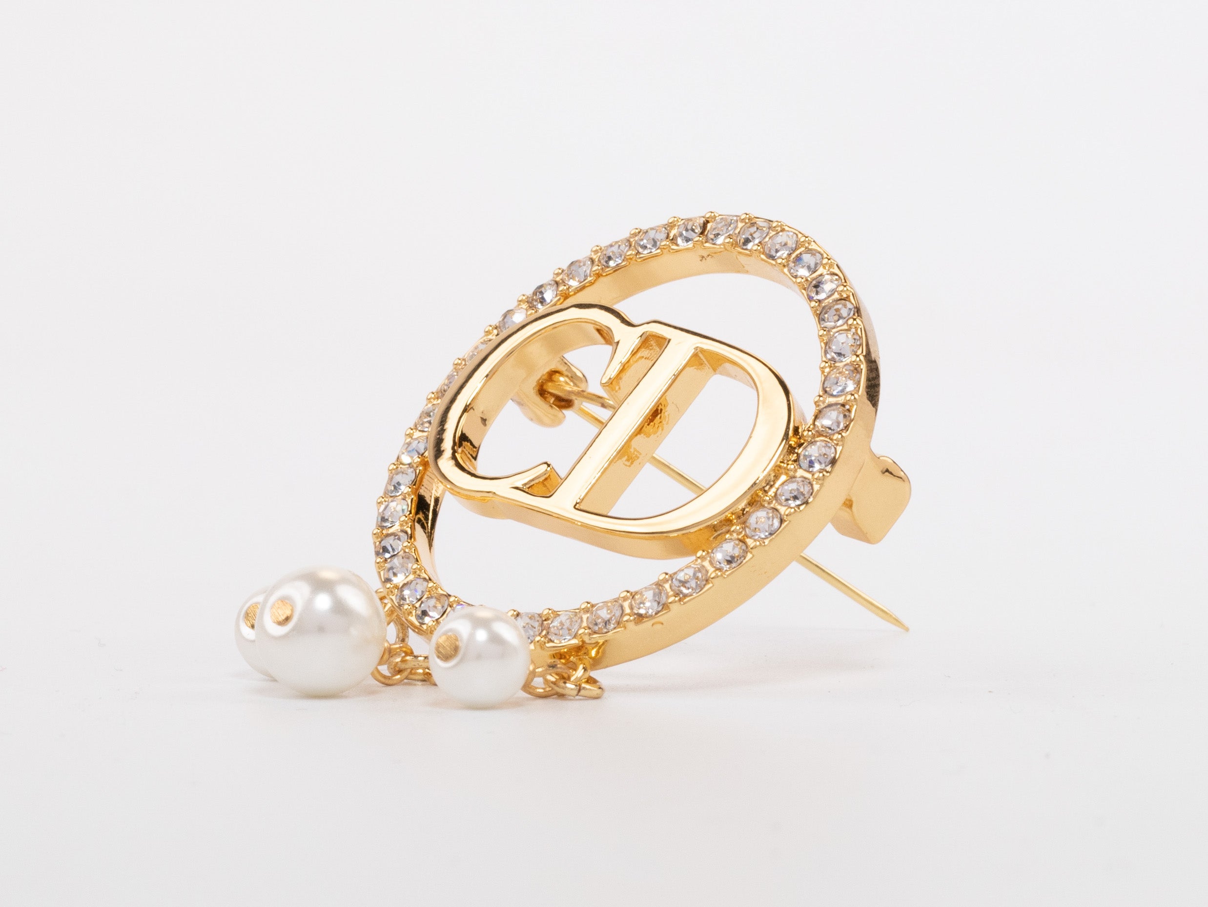 Gold Alphabet C and D brooch with cz and pearl dangles