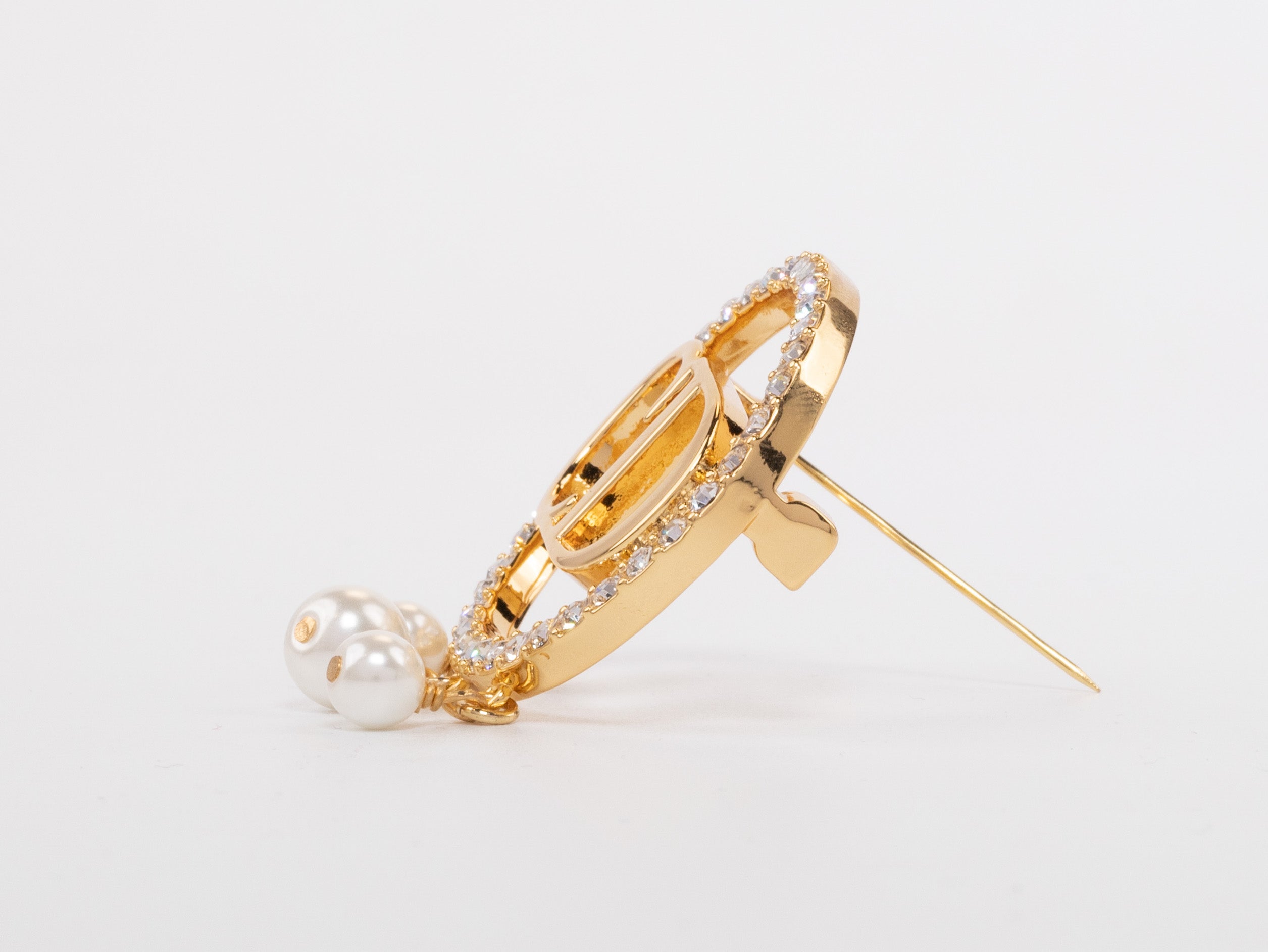 Gold Alphabet C and D brooch with cz and pearl dangles